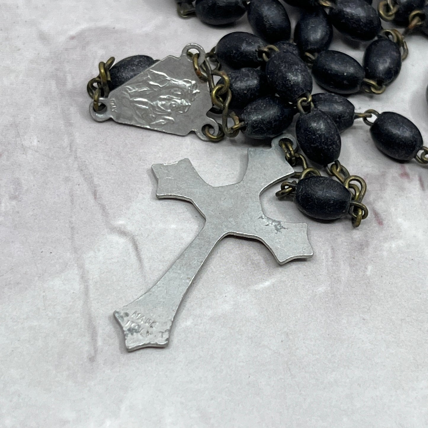 Vintage Black Wood Catholic Rosary Scapular Italy Marian Prayer Beads SE2-2