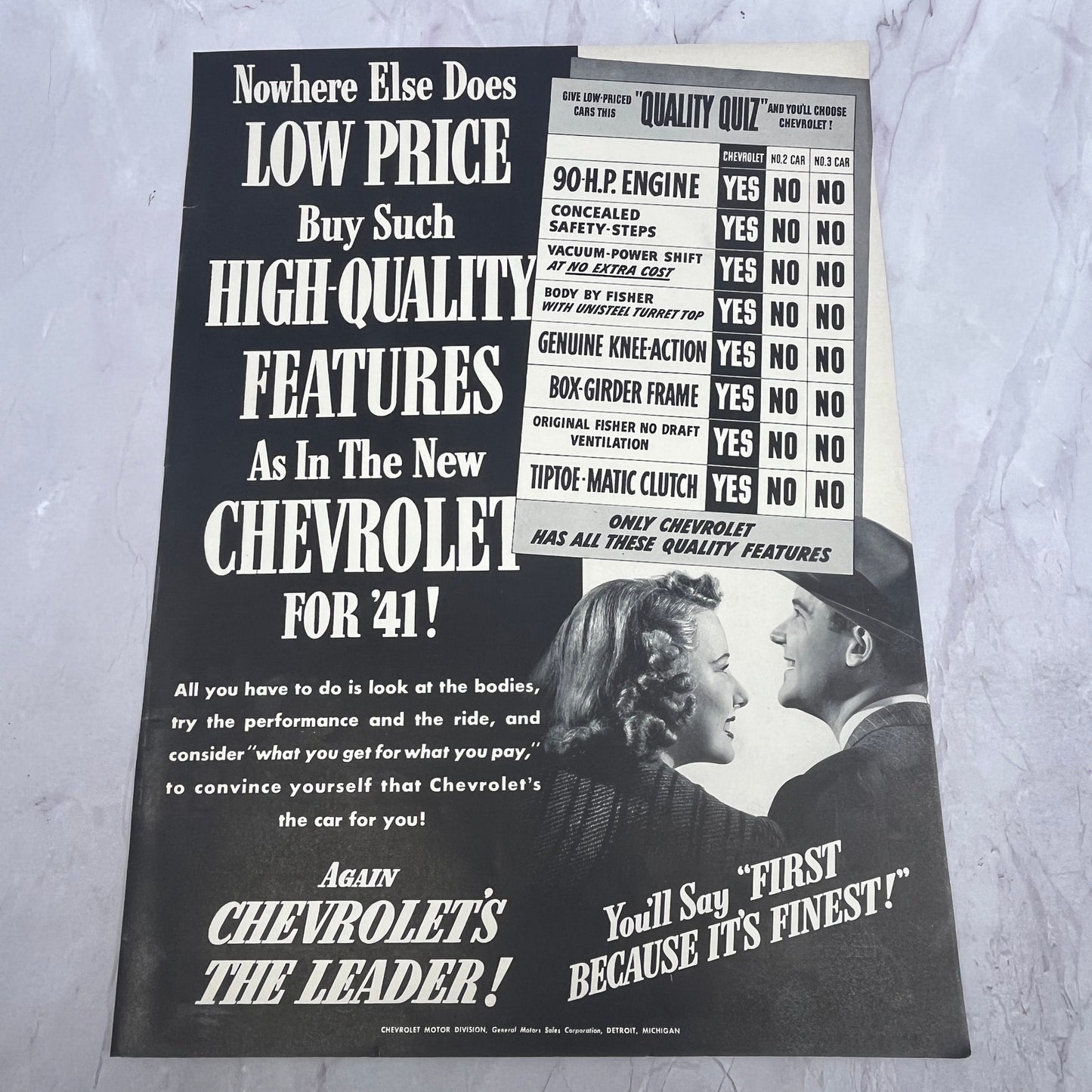 1941 Chevrolet Quality Quiz 90 HP Engine Tiptoe-Matic Clutch 1940 Ad V14-8