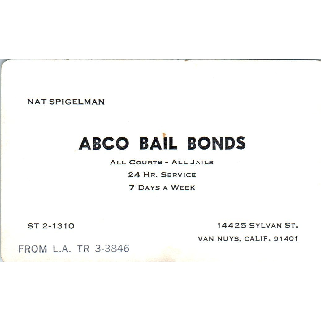 ABCO Bail Bonds Nat Spigelman Van Nuys CA Vintage Business Card SD4-B2