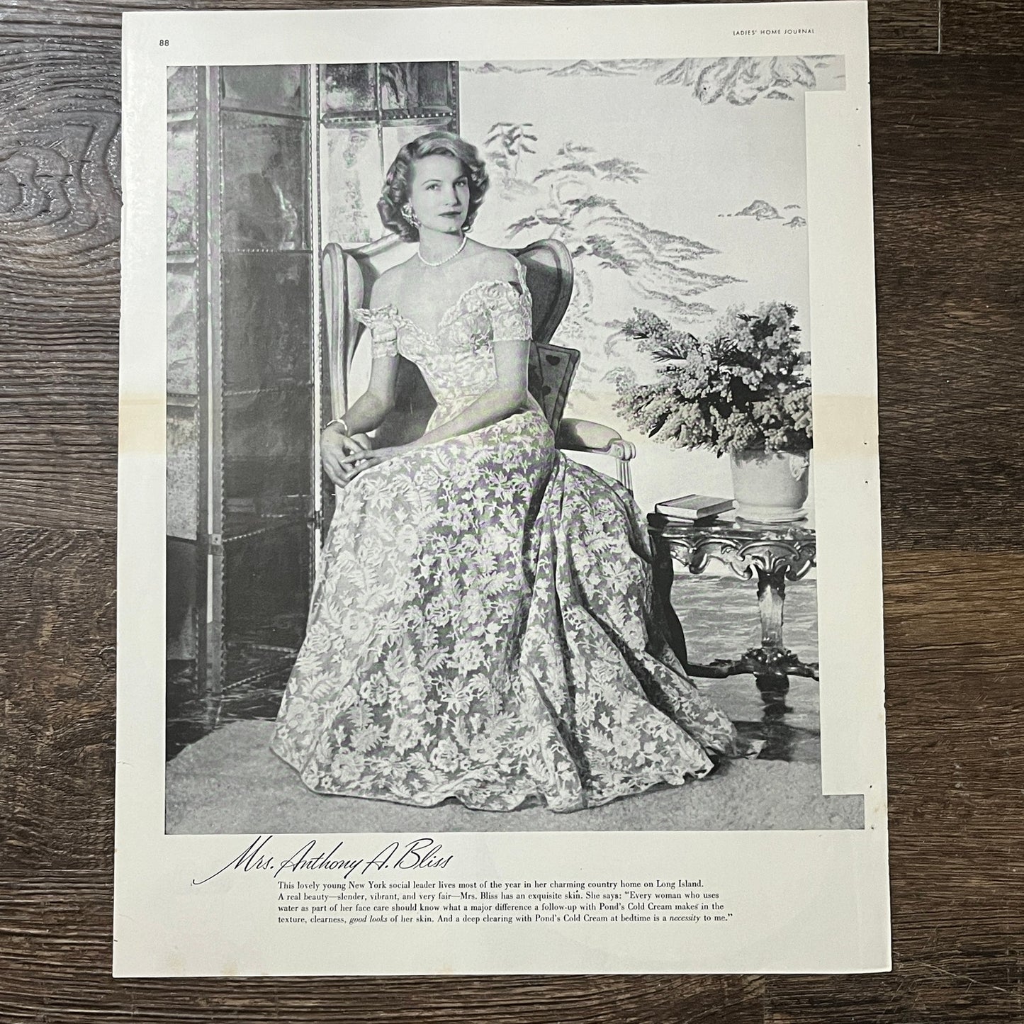 Mrs. Anthony A. Bliss Long Island NY Ponds Cold Cream Vtg Magazine Ad 10x14 V10
