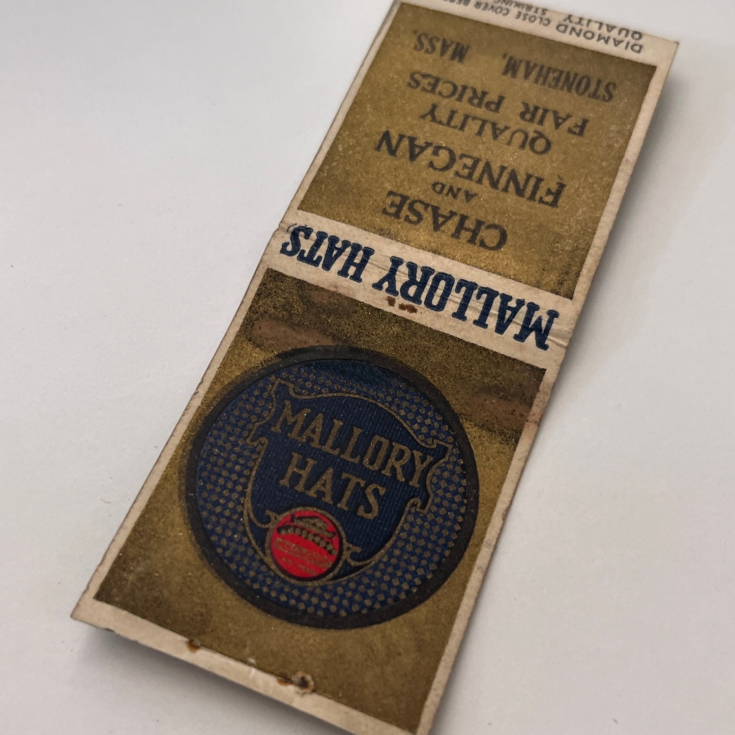 Mallory Hats Chase and Finnegan Stoneham MA Vintage Matchbook Cover TB8-MB-14
