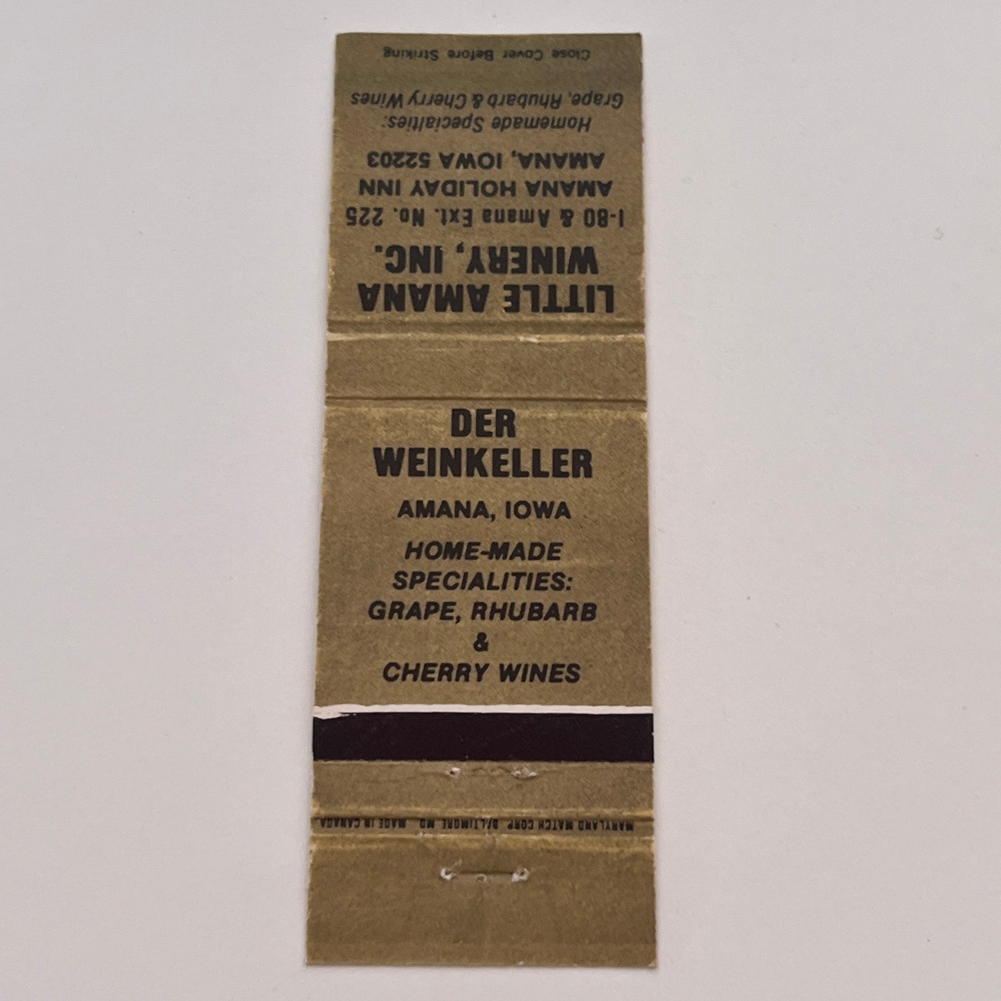 Little Amana Winery Der Weinkeller Amana Iowa Vintage Matchbook Cover TB6-MB2-3