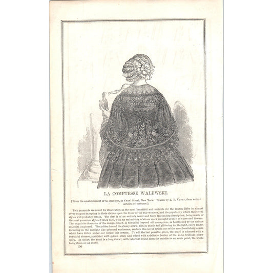 La Comptesse Walewski Lady's Fashion Plate 1857 Original Engraving D19-1