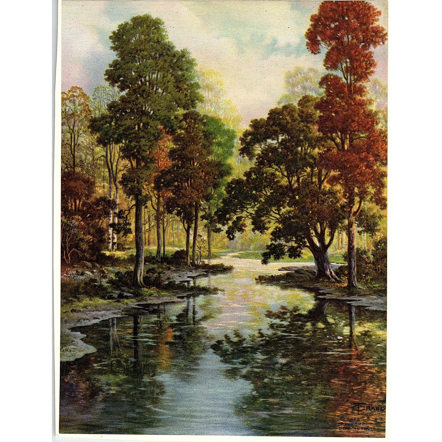 1940s Lithograph Thomas Crane Forest Stream Vintage Art Print 6x8" V17