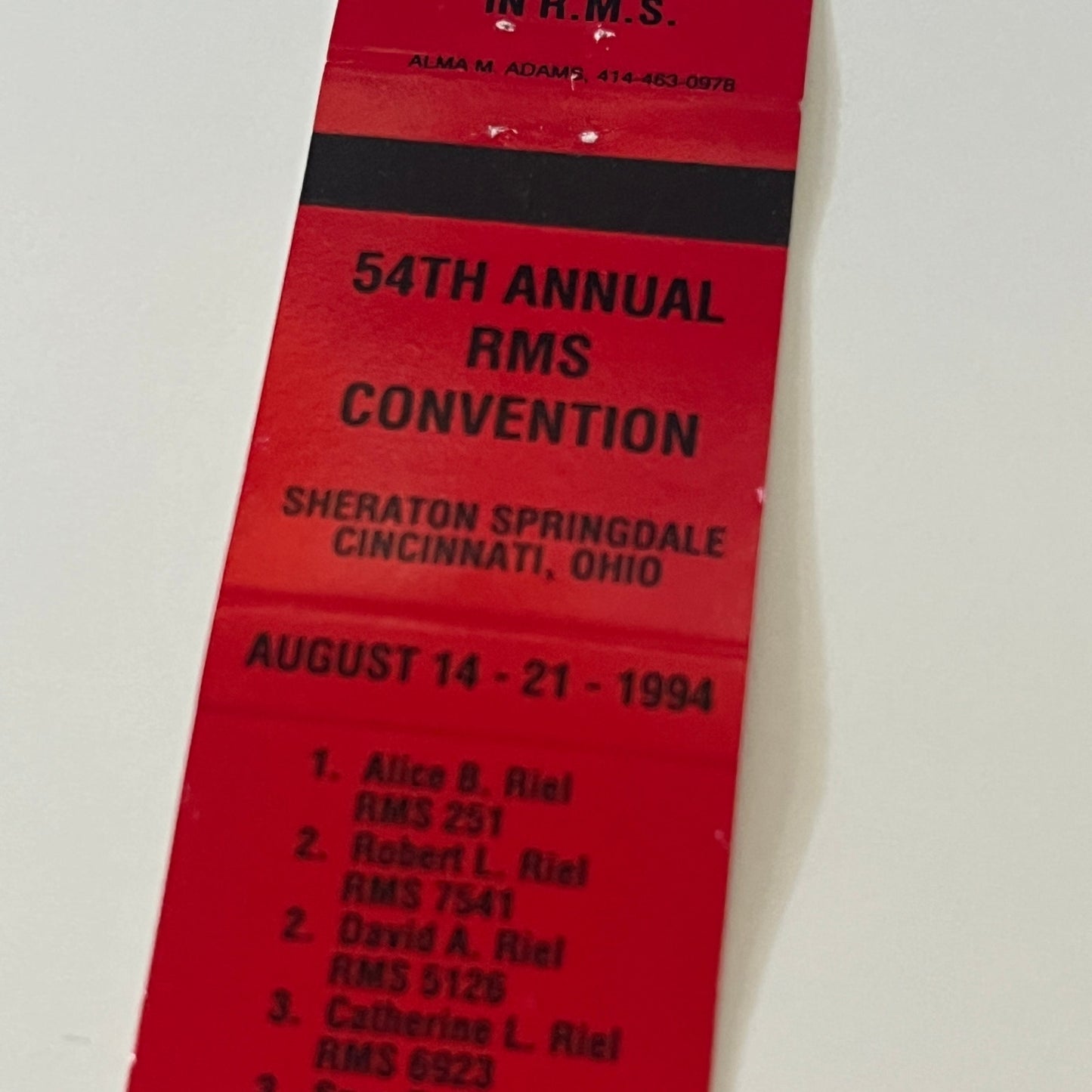 1994 RMS Convention Cincinnati Ohio Vintage Matchbook Cover TB6-MB2-6