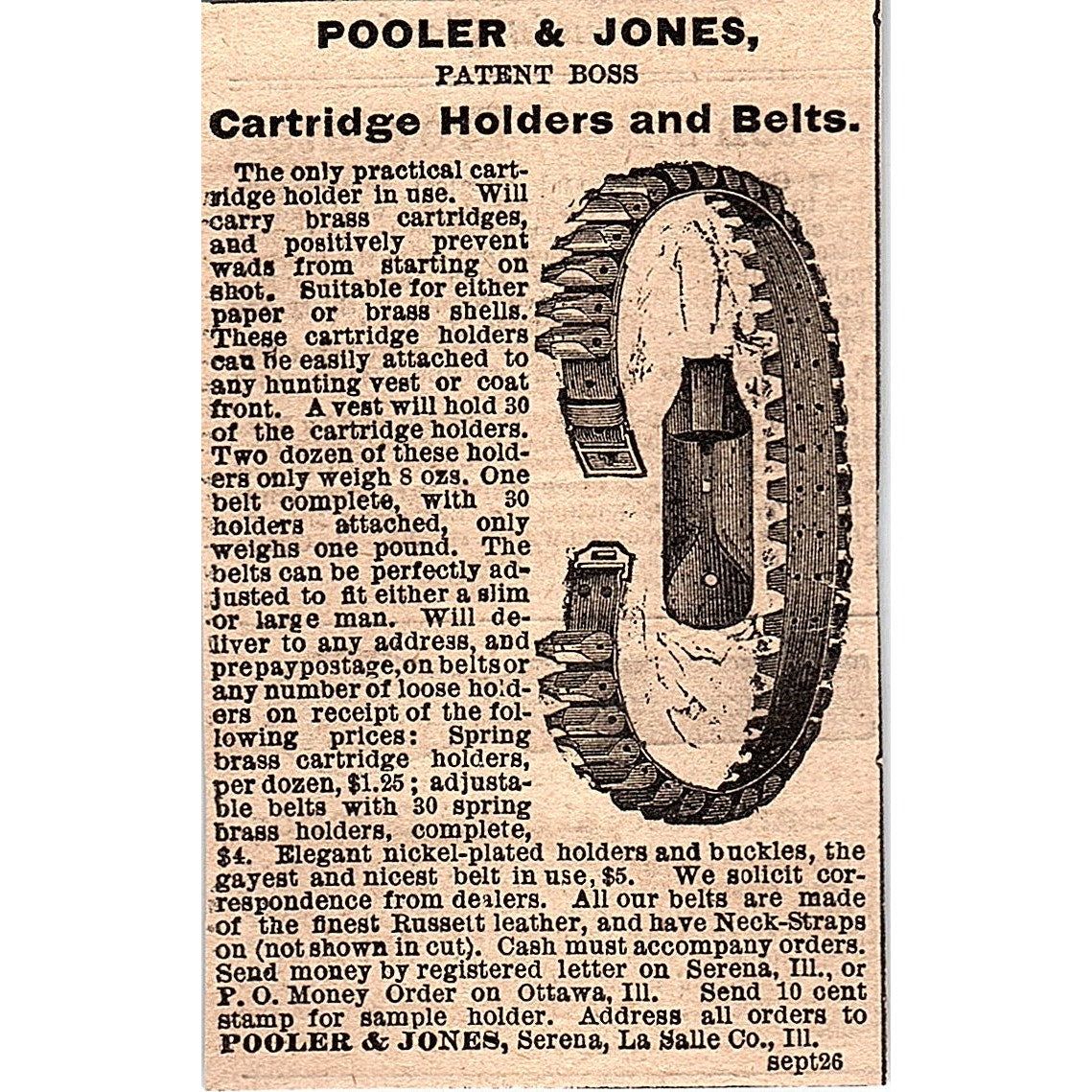 Pooler and Jones Cartridge Holders and Belts Serena IL 1878 Ad AG2-M13