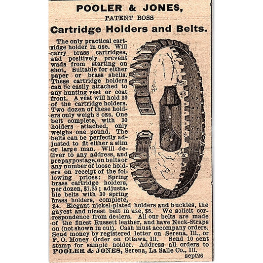 Pooler and Jones Cartridge Holders and Belts Serena IL 1878 Ad AG2-M13