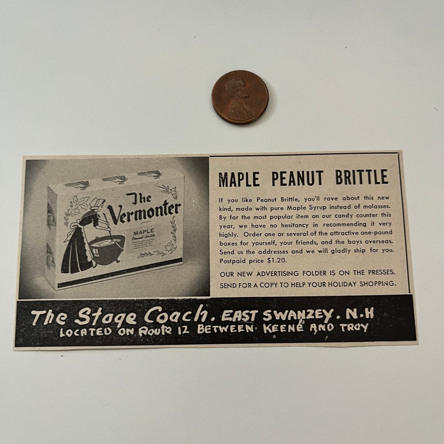 The Stage Coach Maple Peanut Brittle Swanzey NH 1952 Yankee Magazine Ad SAG5-H7
