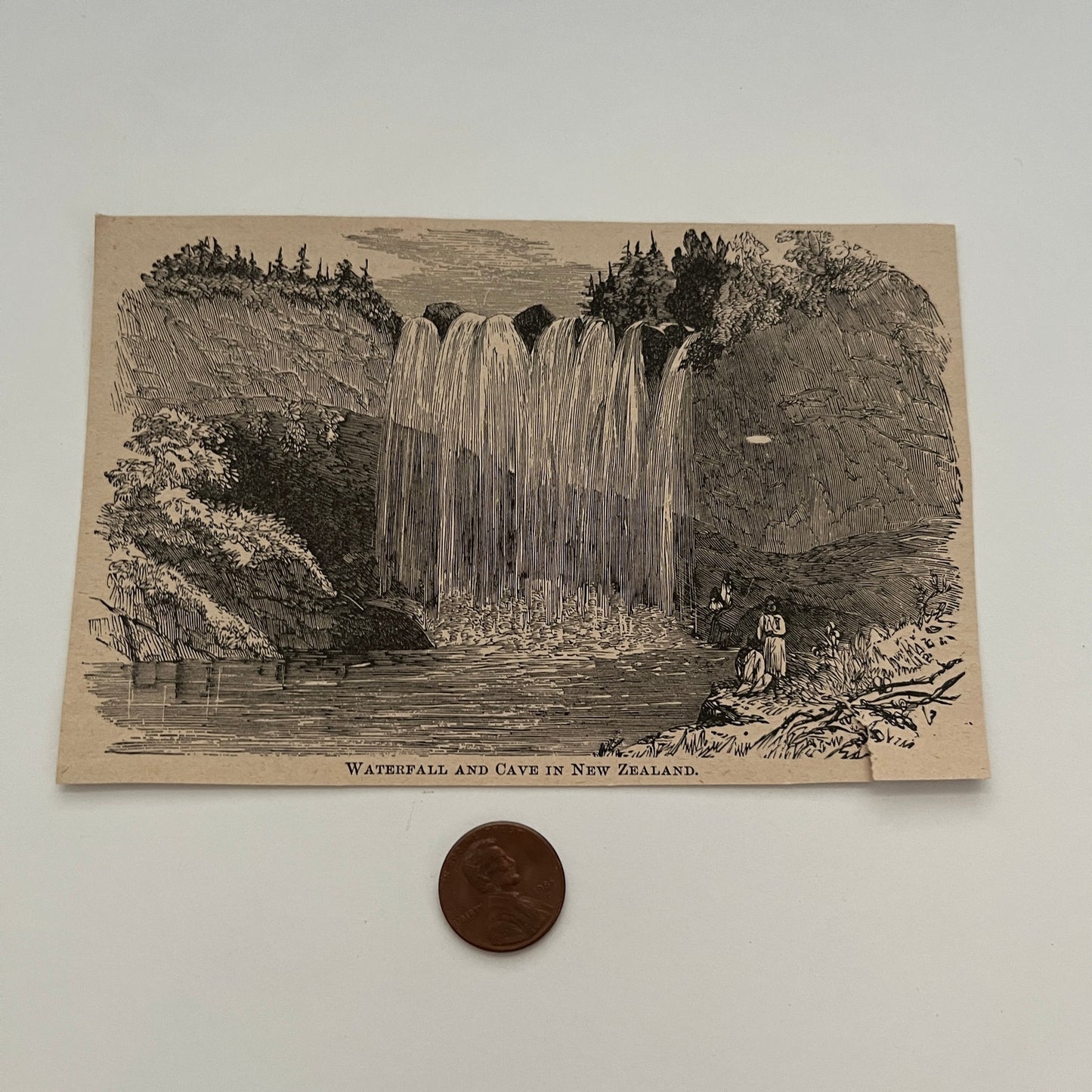 Waterfall and Cave in New Zealand 1894 Art Engraving SAG4-8