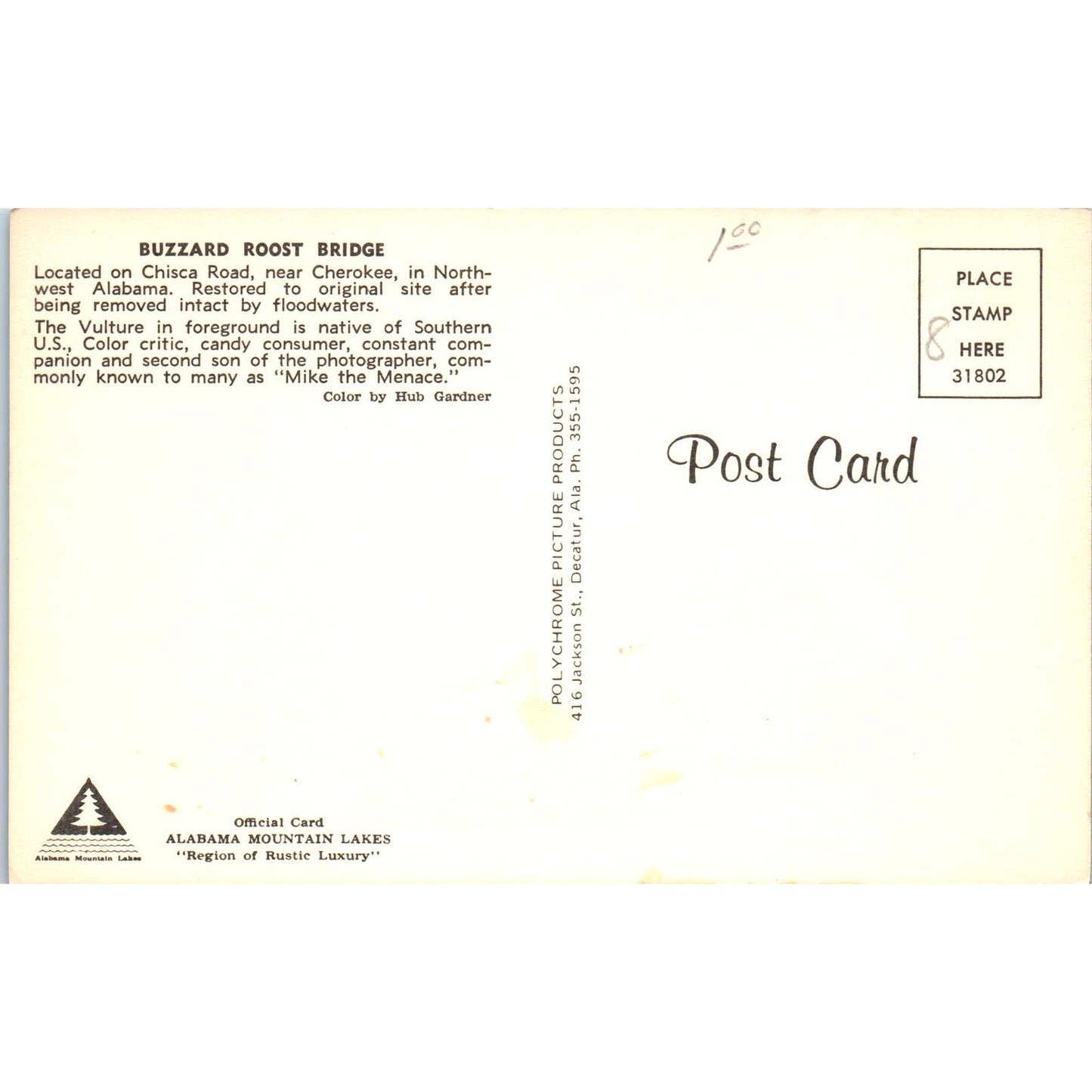 Buzzard Roost Bridge Cherokee Alabama Covered Bridge Postcard PB13