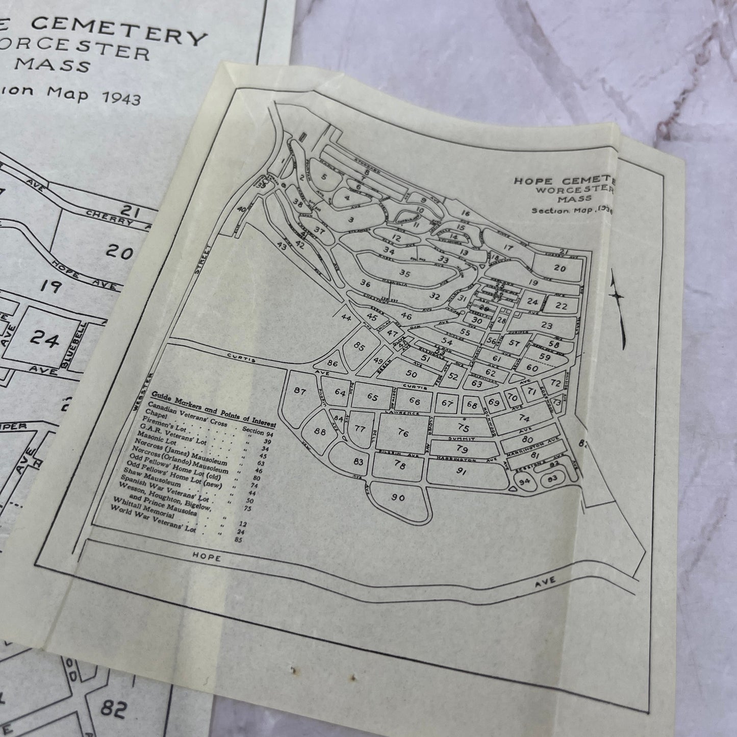 1943 Hope Cemetery Worcester Mass Crepe Paper Map ML1-7