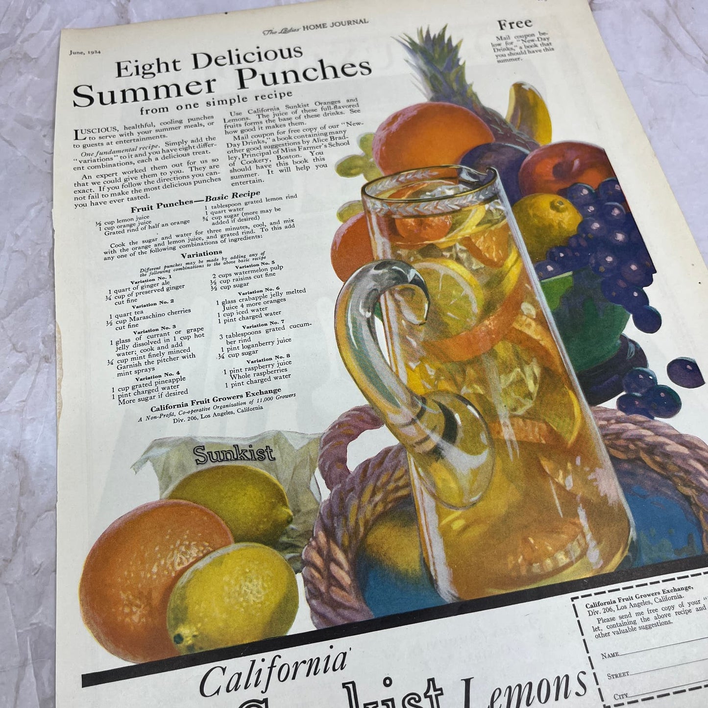 California Sunkist Oranges Lemons Summer Punch Recipe 1924 Magazine Ad FL6-11