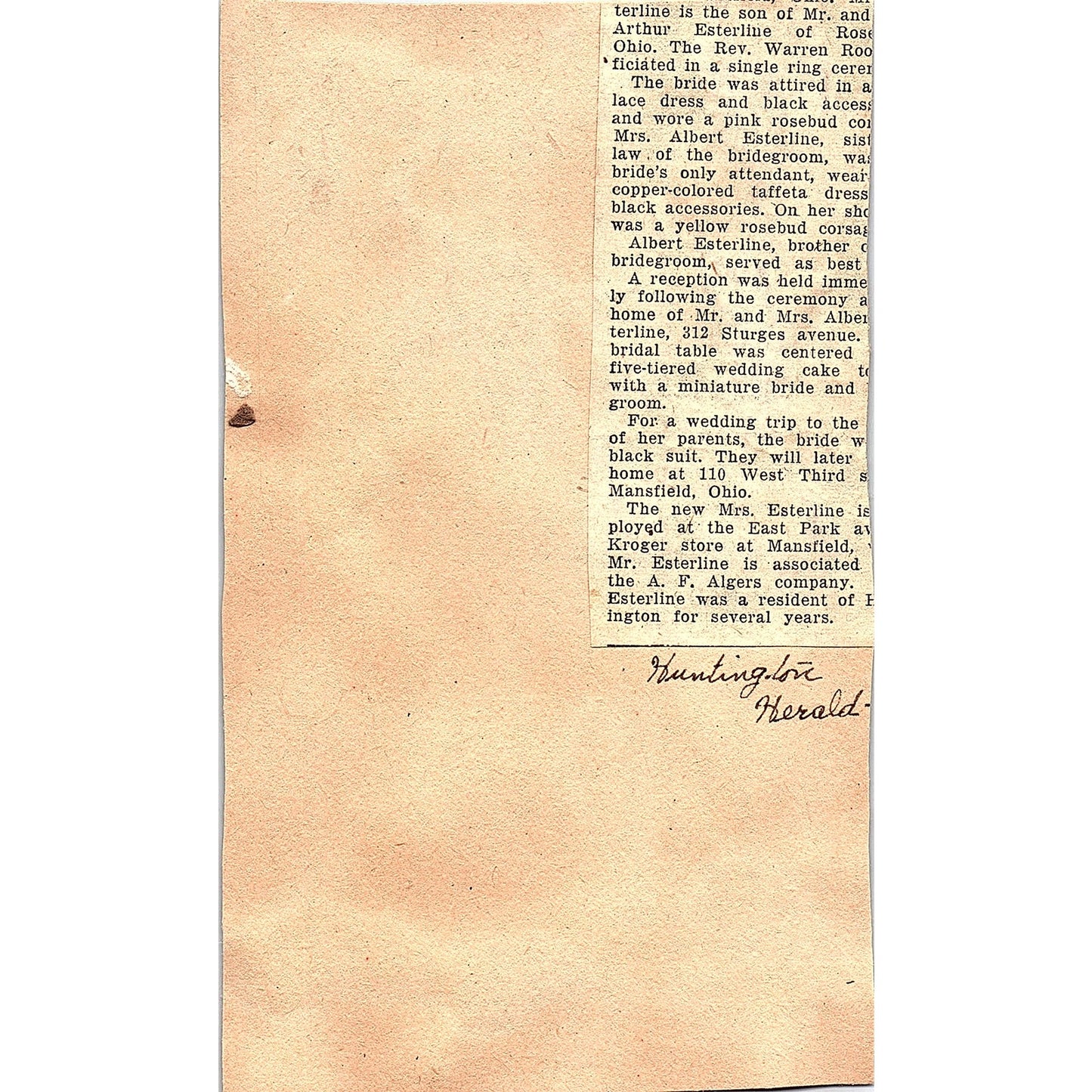 Milton Kellermeier & Anita Phyllis Gephart Married Markle IN 1949 Clipping AG7-2