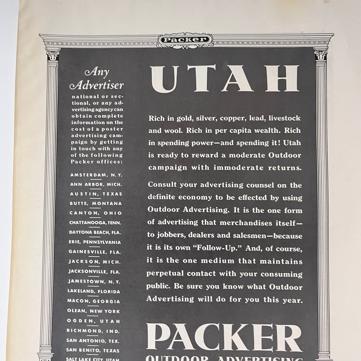 Utah - Packer Outdoor Advertising Inc Cleveland OH 1935 Ad V1-4