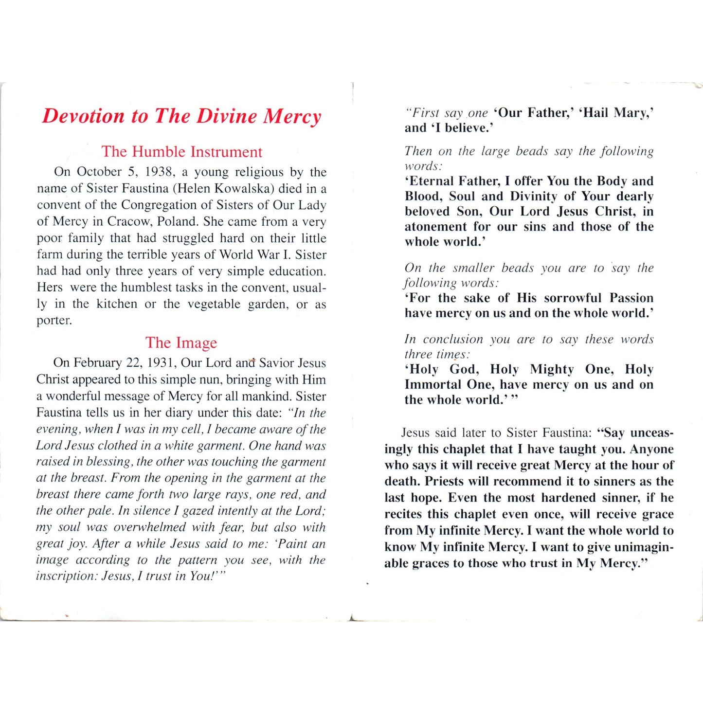 Devotion to The Divine Mercy Vintage Catholic Prayer Leaflet TH2-PC2