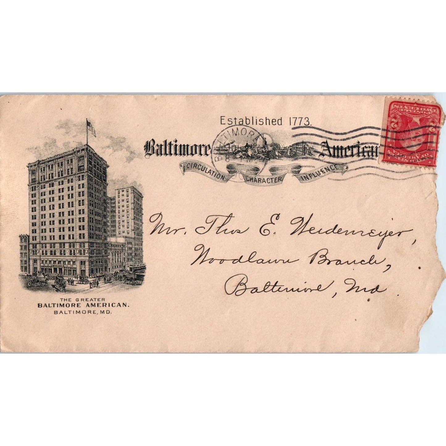 1908 The Greater Baltimore American Postal Cover Envelope Baltimore MD AE5