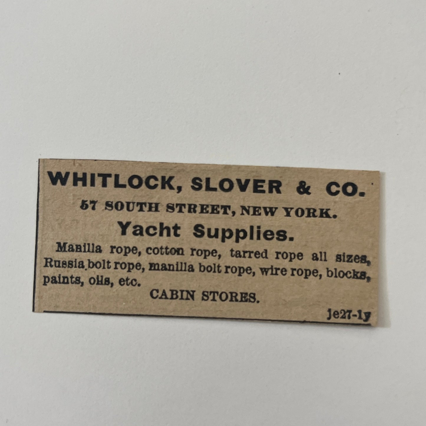 Whitlock, Slover & Co Yacht Supplies 57 South St. NY 1878 Ad AG2-M16