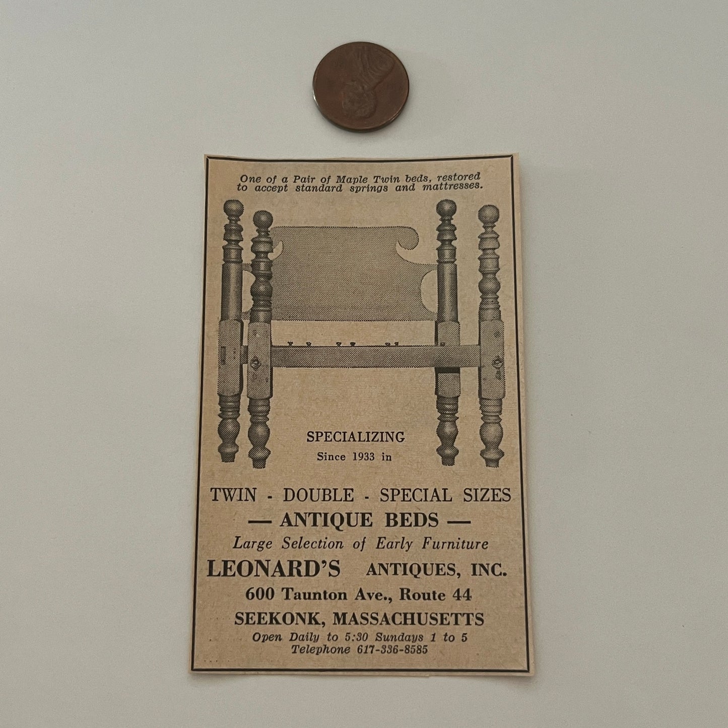 Leonard's Antiques, Inc. Antique Beds Seekonk MA 1971 Magazine Ad SAG4-M2