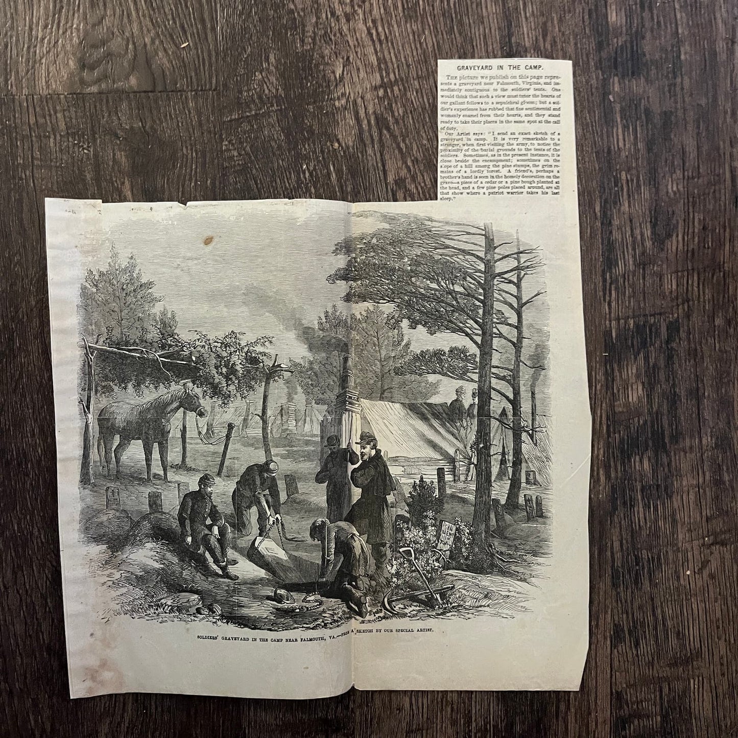 Soldiers Graveyard Camp Falmouth VA Original 1863 Civil War Engraving C103