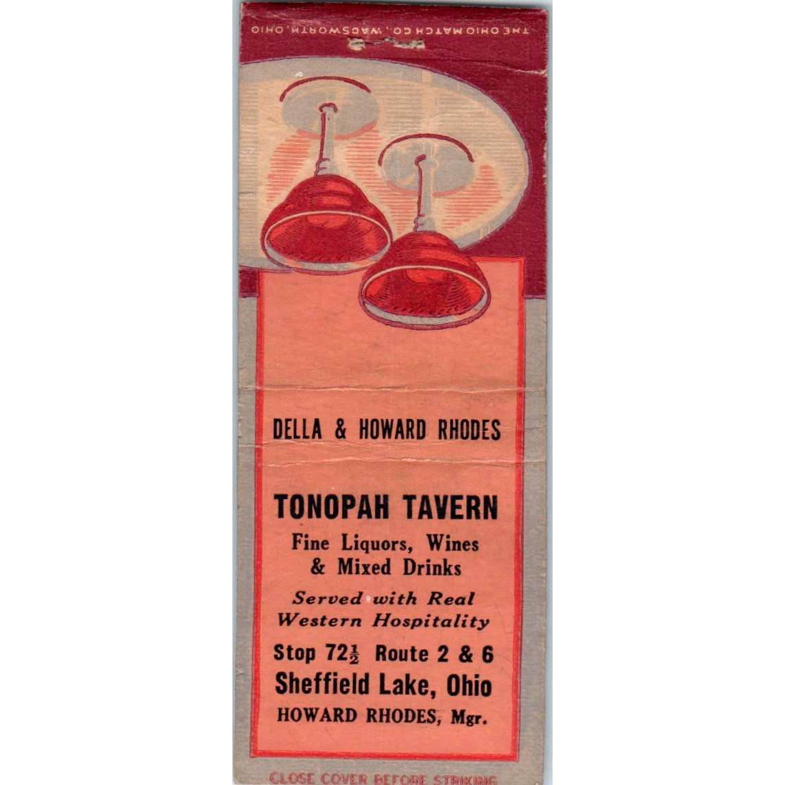 Tonopah Tavern Sheffield Lake OH Howard Rhodes Vintage Matchbook Cover SD4-Y13