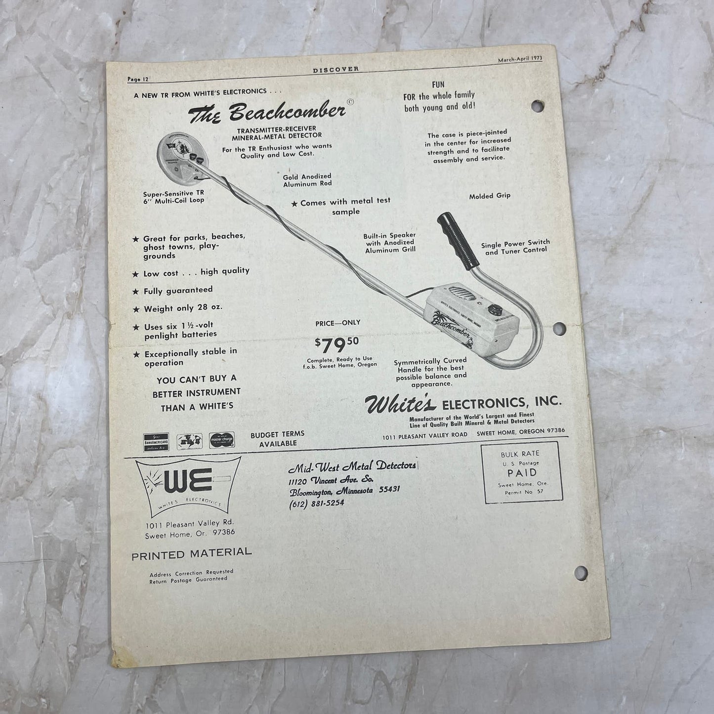 1973 Mar/Apr White's Electronics Discover Newsletter Treasure Hunting OR M19