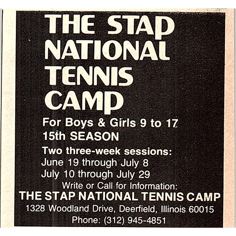 The Stap National Tennis Camp Deerfield IL 1977 Ad AF3-Q3