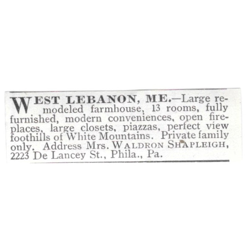 West Lebanon ME Large Farmhouse Mrs Waldron Shapleigh 1903 Ad AF8-S42