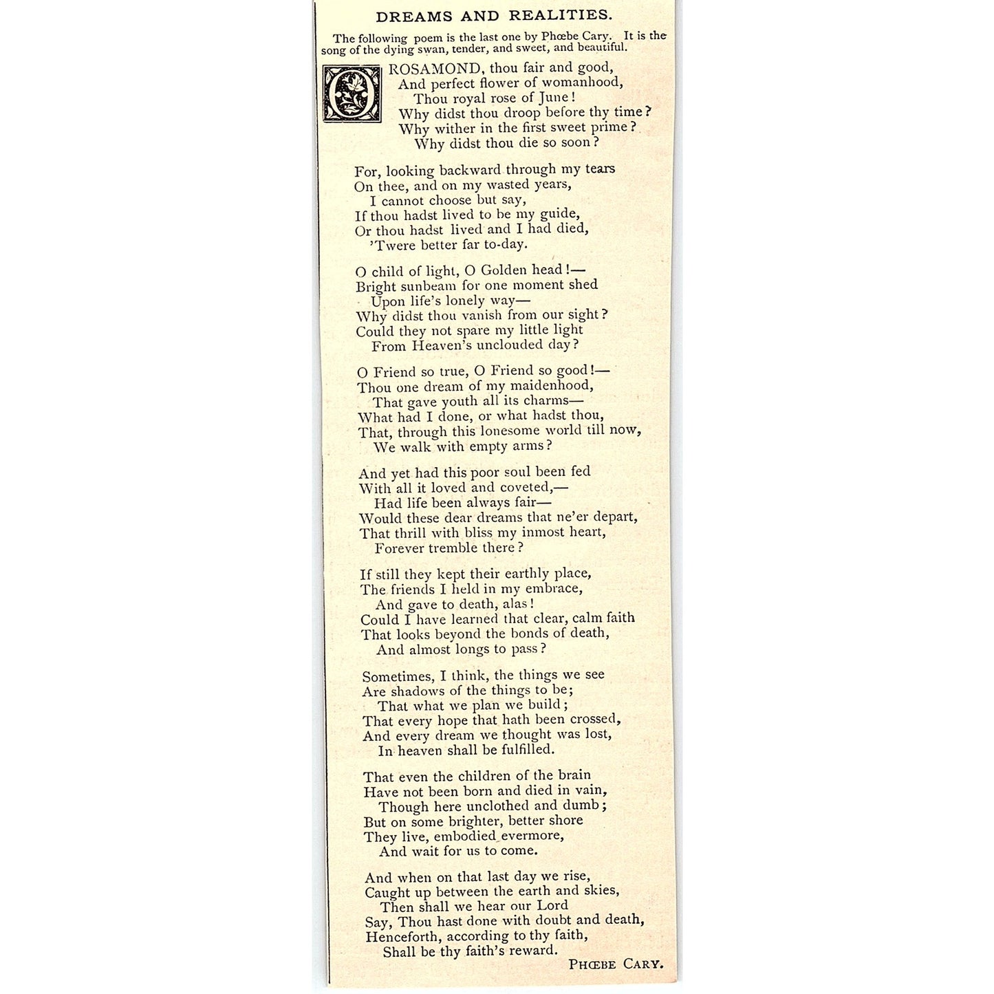 Dreams and Realities - Phoebe Cary 1884 Poem AG3-1