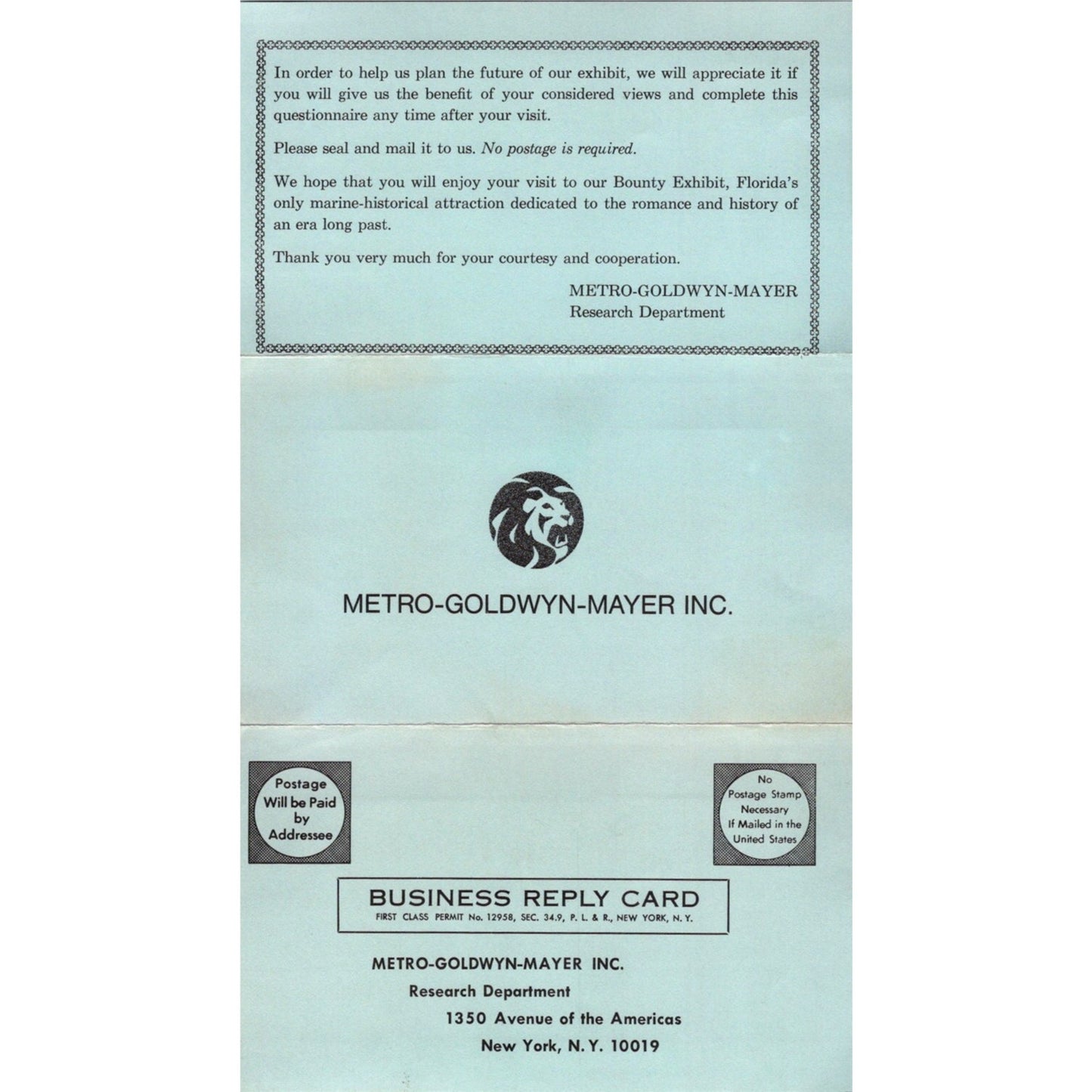 Metro Goldwyn Mayer MGM Research Poll Vintage Postal Mailing Card AI9-M27