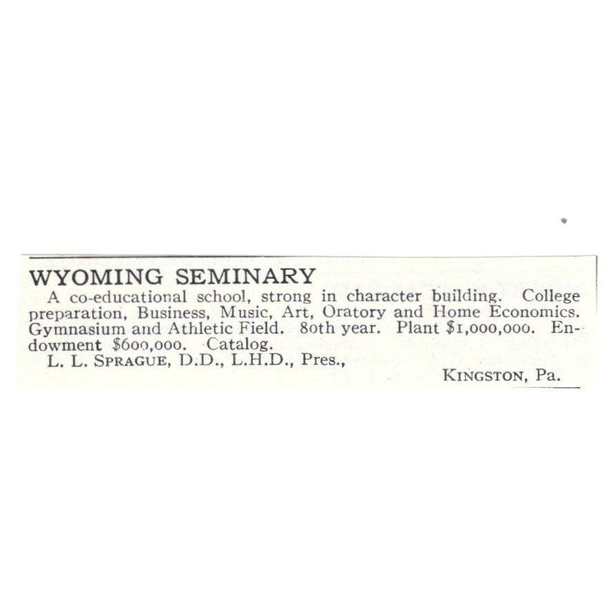 Wyoming Seminary L.L. Sprague Kingston PA 1924 Magazine Ad AD8-O7