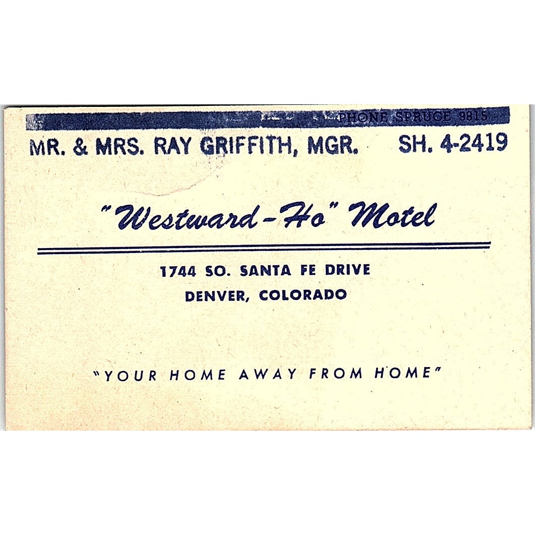 1950s Westward-Ho Motel Ray Griffith Denver Colorado Business Card AF9-S5