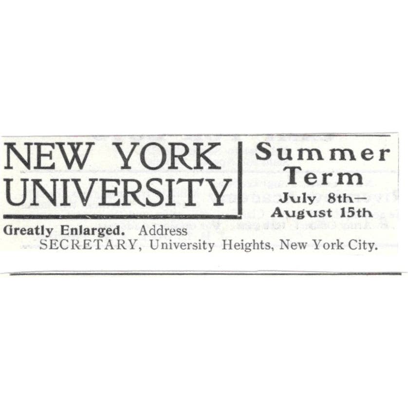 New York University Summer Term c1918 Original Advertisement AE5-SV3
