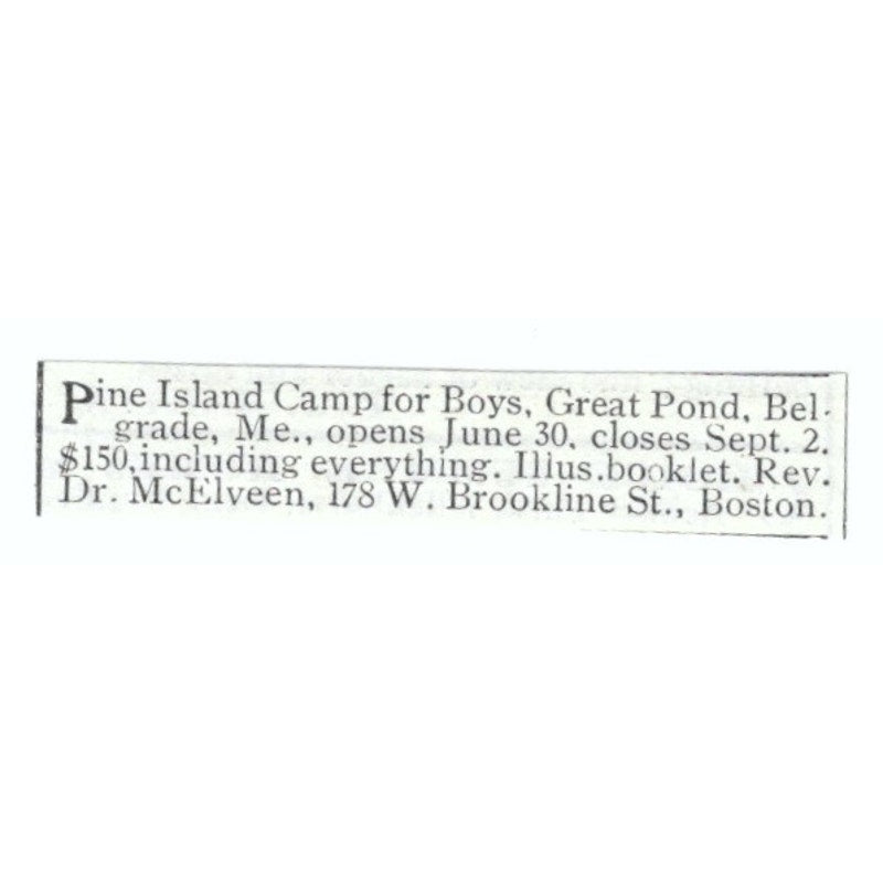Pine Island Boys Camp Great Pond Belgrade ME Dr. McElveen 1903 Ad AF7-SS2