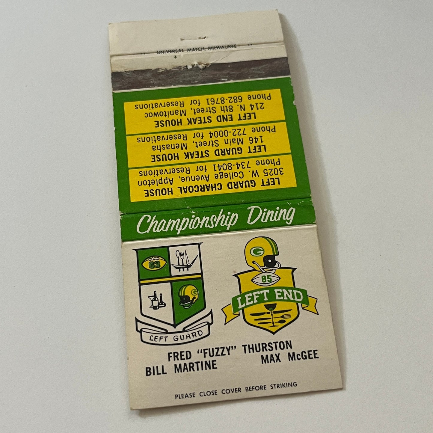 Green Bay Packers Restaurants Fred Fuzzy Thurston Bill Martine Max McGee Vintage Matchbook Cover TB6-MB2-6