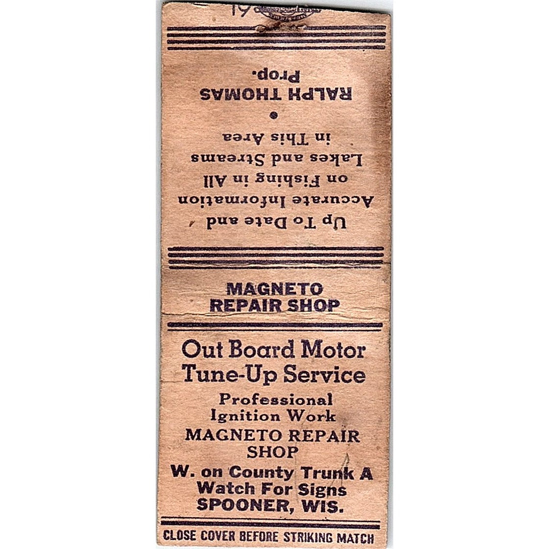 Magneto Repair Shop Ralph Thomas Spooner WI Vintage Matchbook Cover SC7-Y11