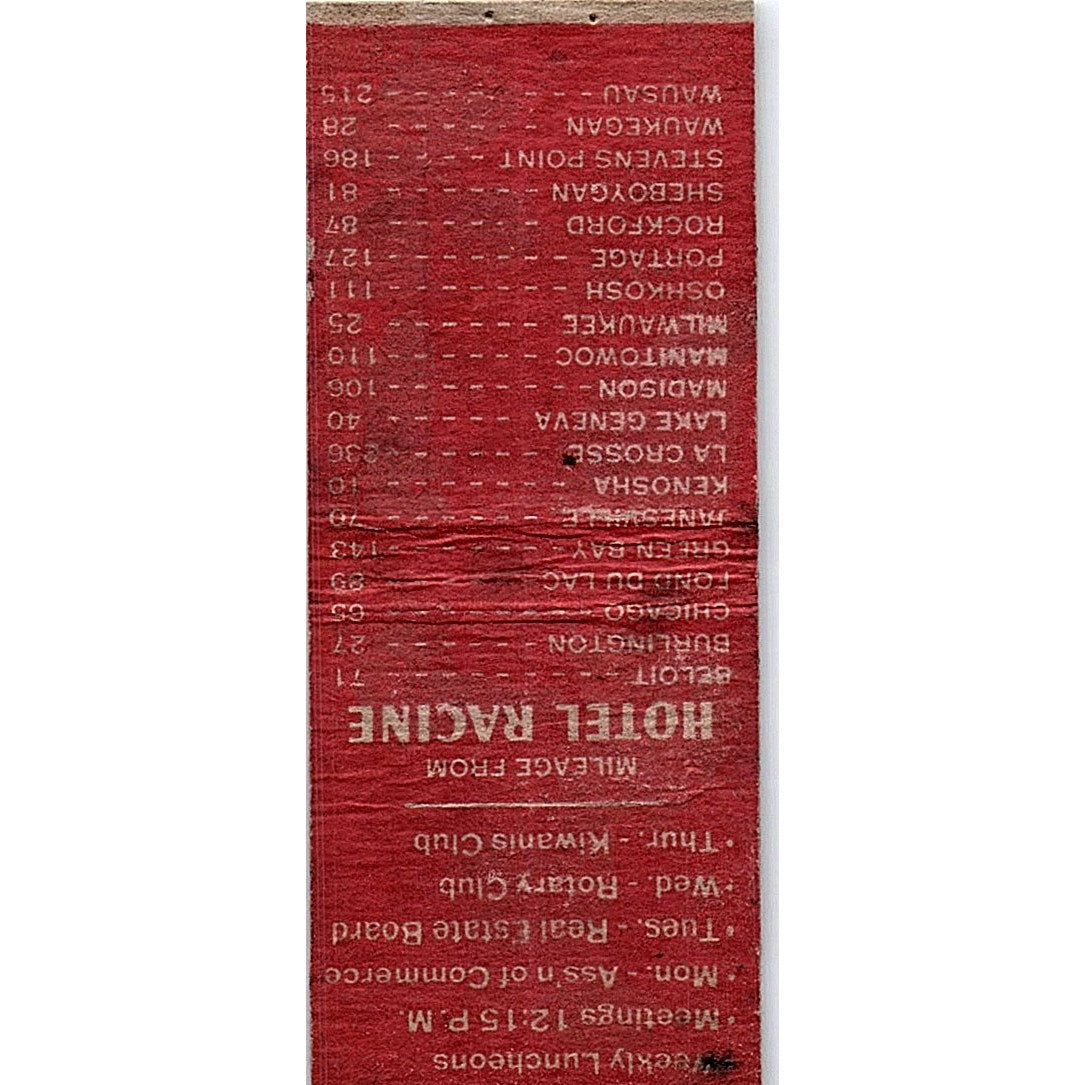 Hotel Racine Lake Michigan WI Vintage Matchbook Cover SC7-Y9