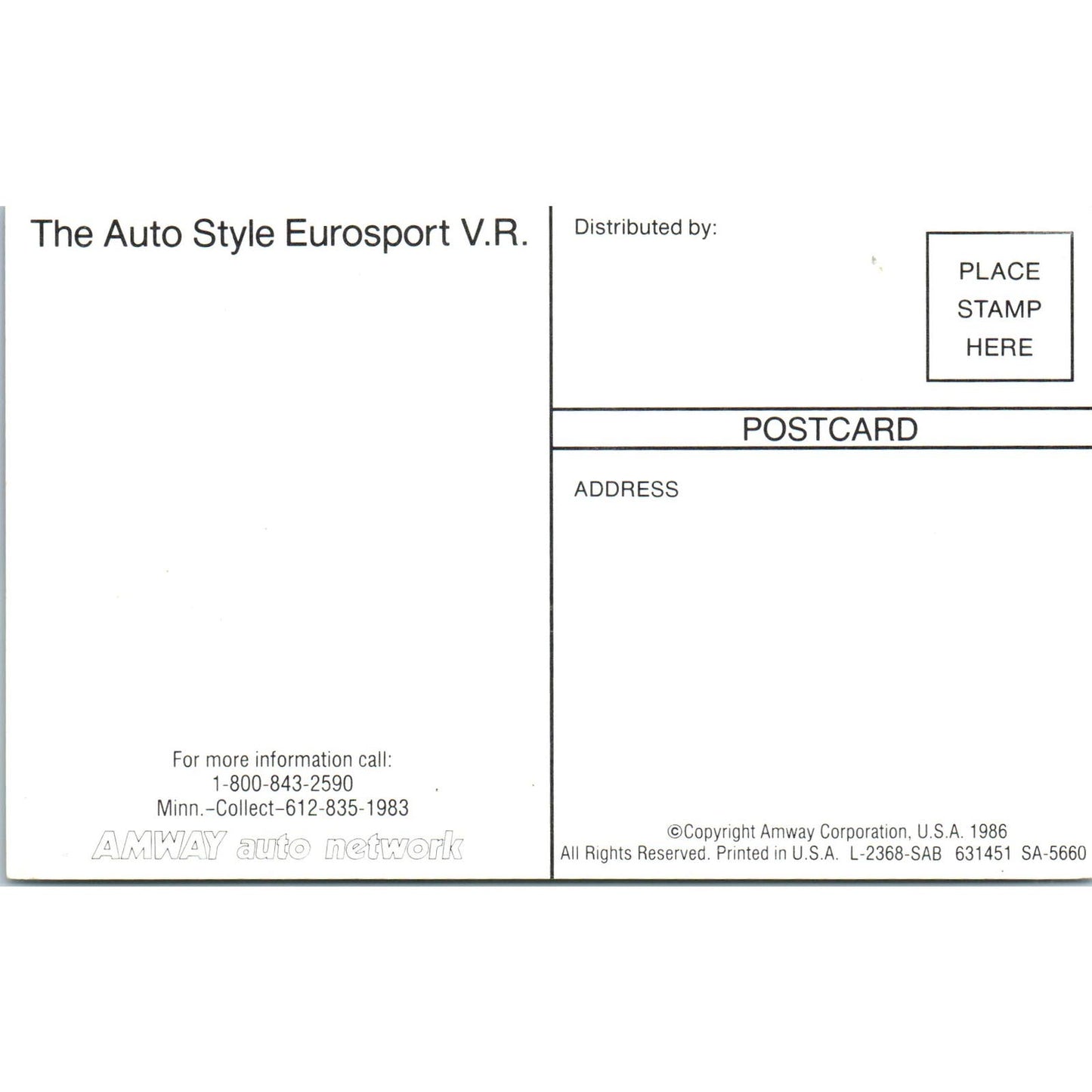 The Auto Style Eurosport V.R. Silver Amway Auto Network Vintage Postcard PC11