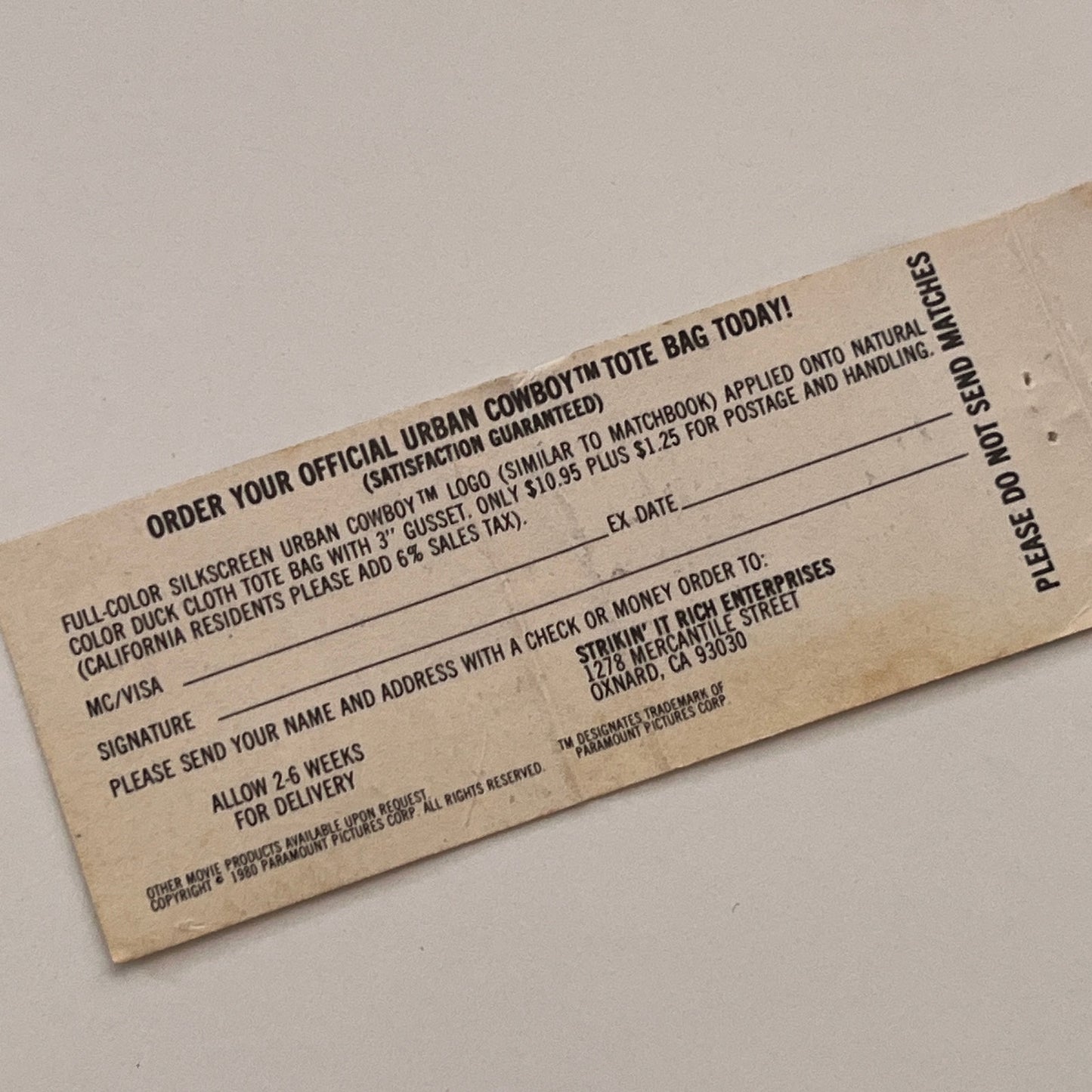 Urban Cowboy Tote Bag Oxnard CA Vintage Matchbook Cover TB6-MB2-2