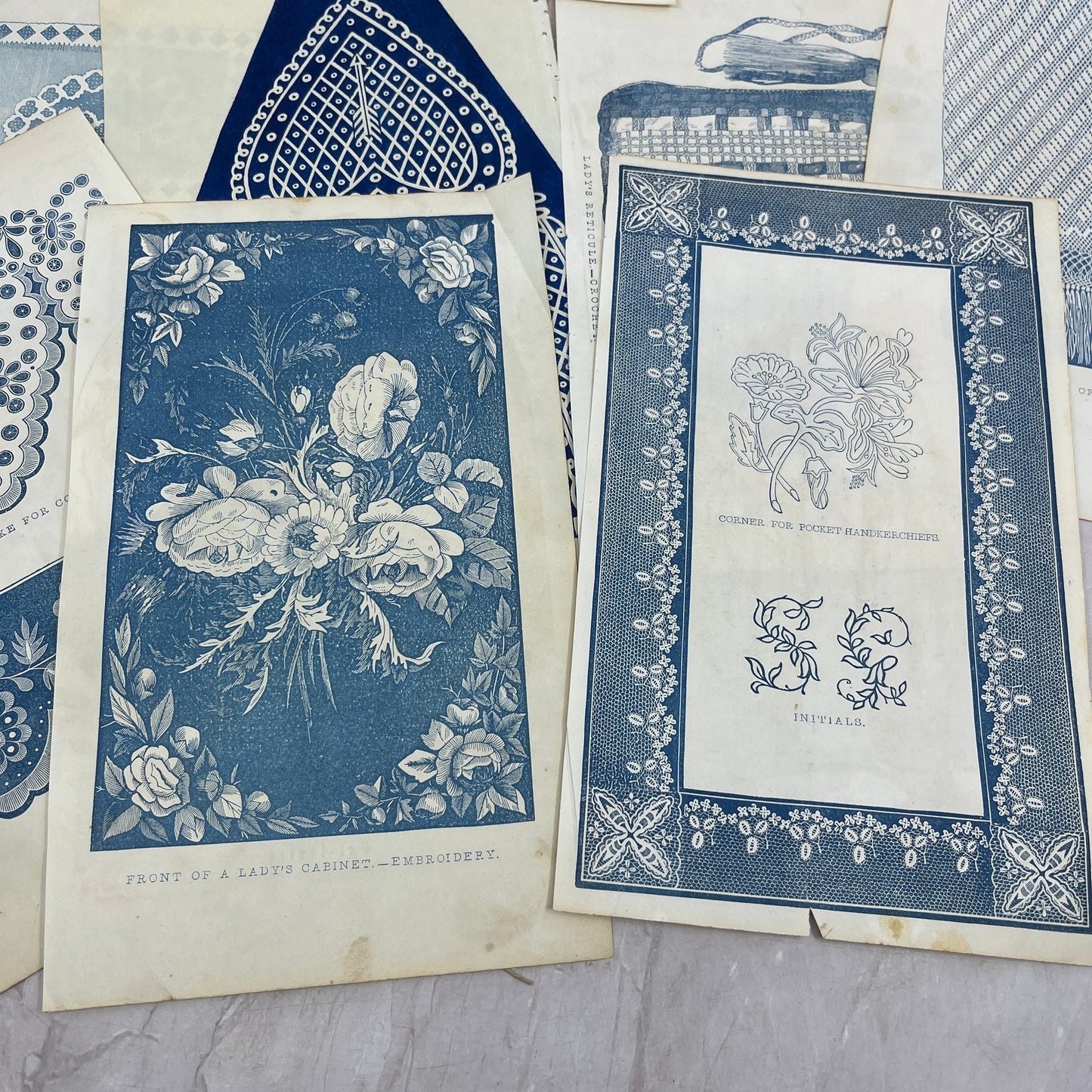 Lot of Original Tinted Embroidery Sewing Patterns 1857 Godey's Book TH9-MG6