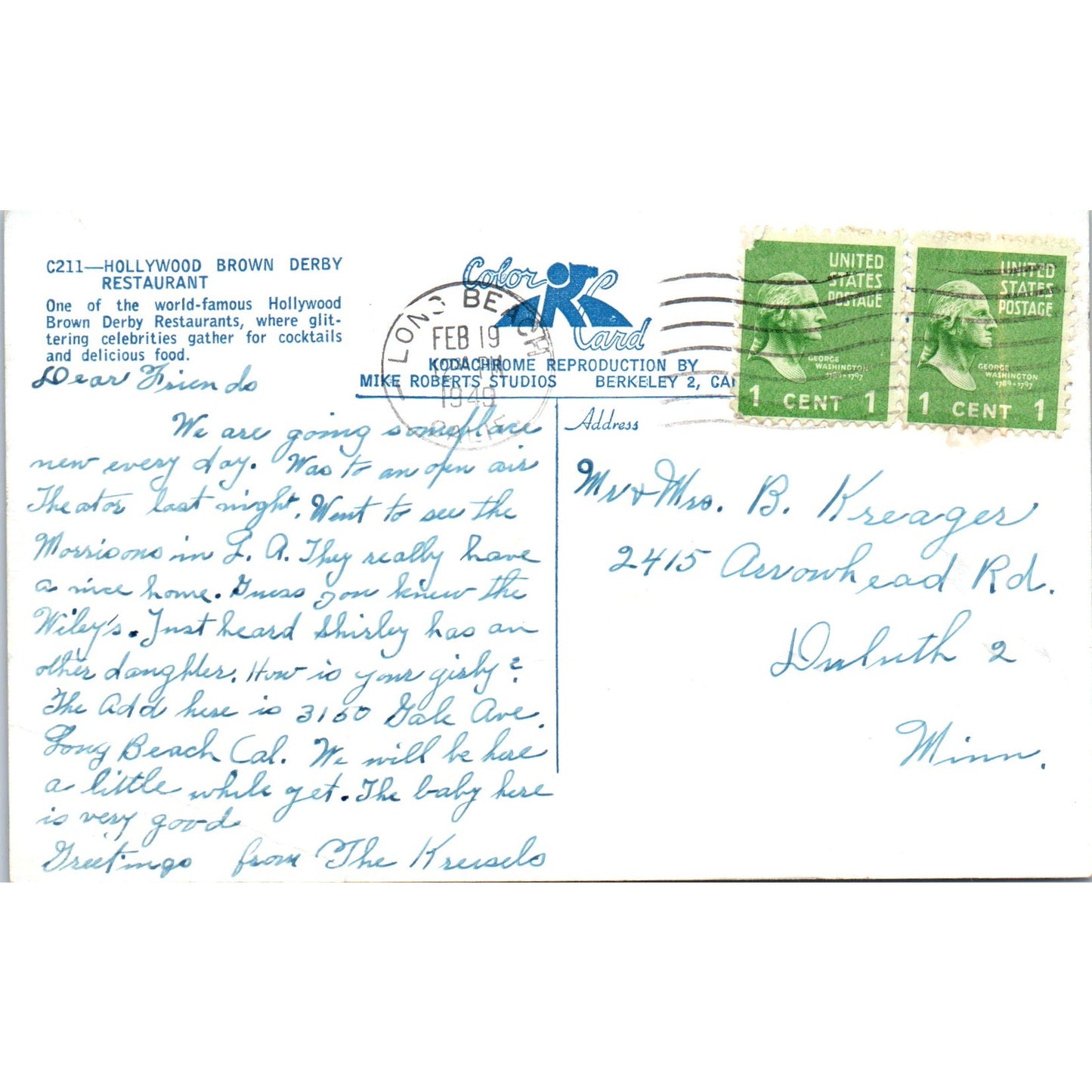 1949 Hollywood Brown Derby Restaurant California Vintage Postcard PD10