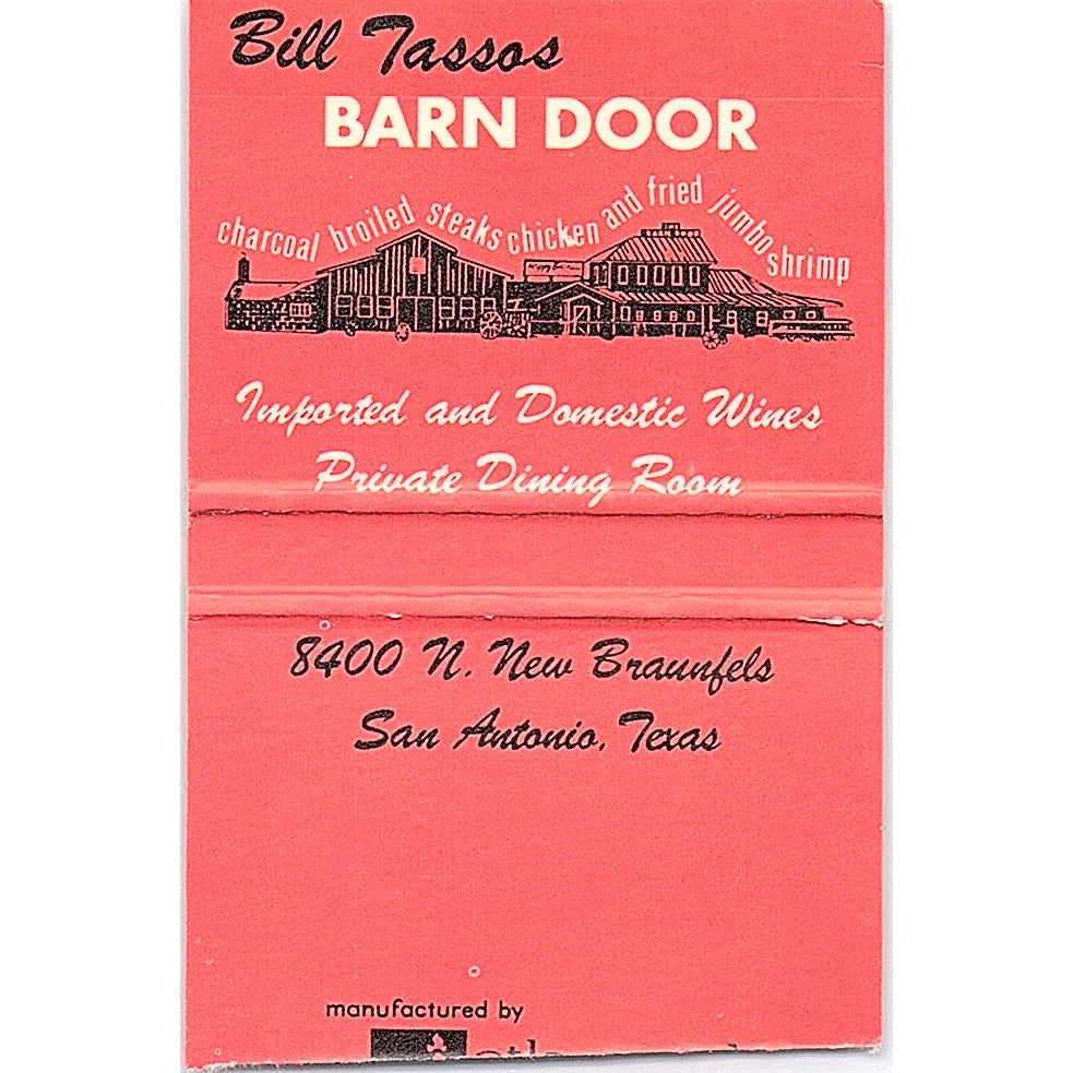 Bill Lasso's Barn Door Restaurant San Antonio TX Vintage Matchbook TB6-MB2-1