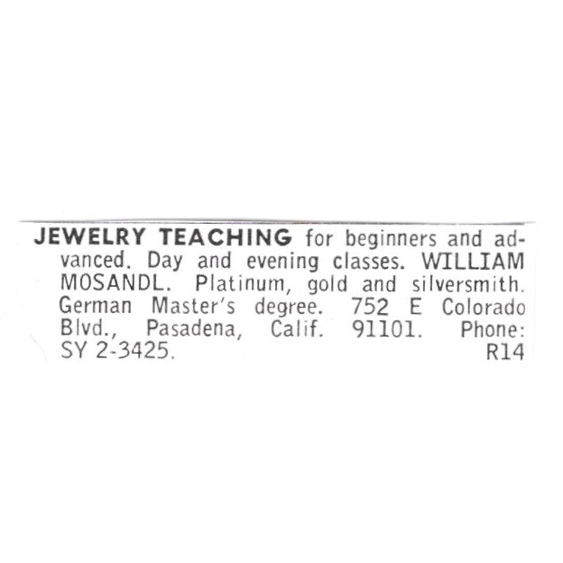 William Mosandl Jewelry Teaching Pasadena California 1972 Ad AF8-S8