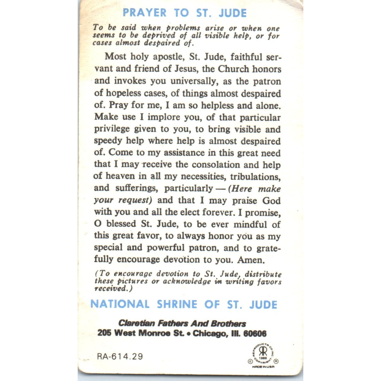 Prayer to St Jude National Shrine of St Jude Chicago Vintage Card TH2-PC1