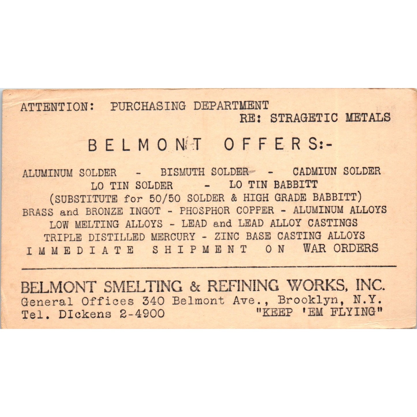 1942 Belmont Smelting & Refining Works Brooklyn WWII Postal Mailing Card PE7