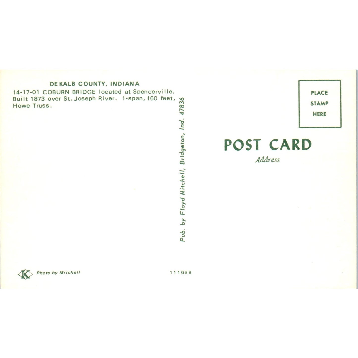 Coburn Bridge St. Joseph River Dekalb County IN Covered Bridge Postcard PB10