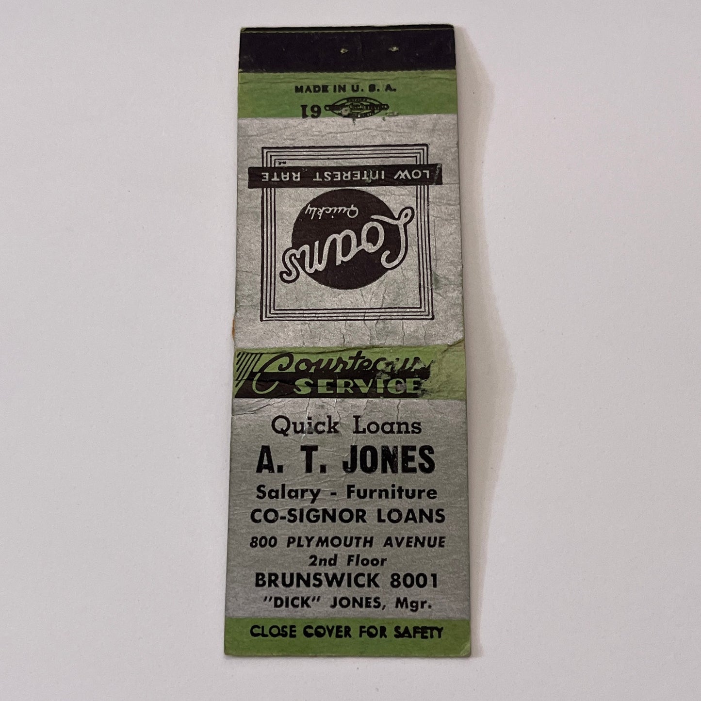 A.T. Jones Co-Signor Dick Jones 800 Plymouth Ave Matchbook Cover TB6-MB1-15
