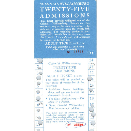 1970s Colonial Williamsburg Twenty Five Admission Punch Card Stub TF4-BC