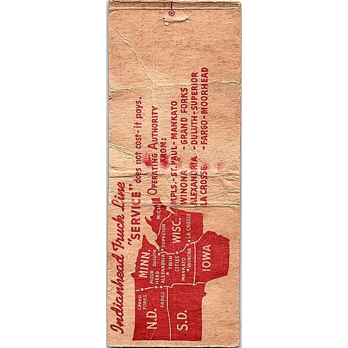 Indianhead Truck Line St. Paul MN Vintage Matchbook Cover SC7-Y2