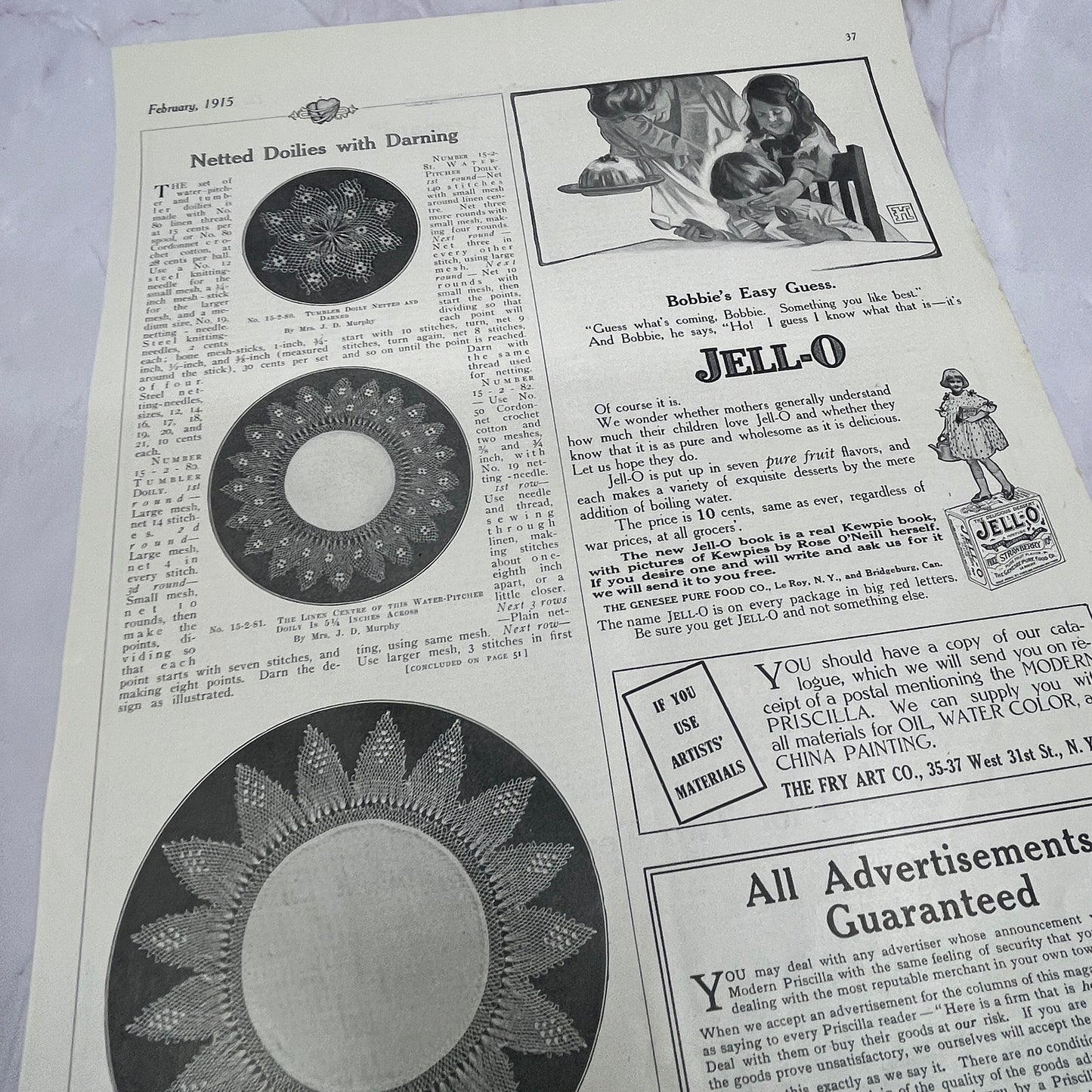 1915 Netted Doilies with Darning J.D. Murphy, G.B. Shultz Vintage Ad 10x13 V17
