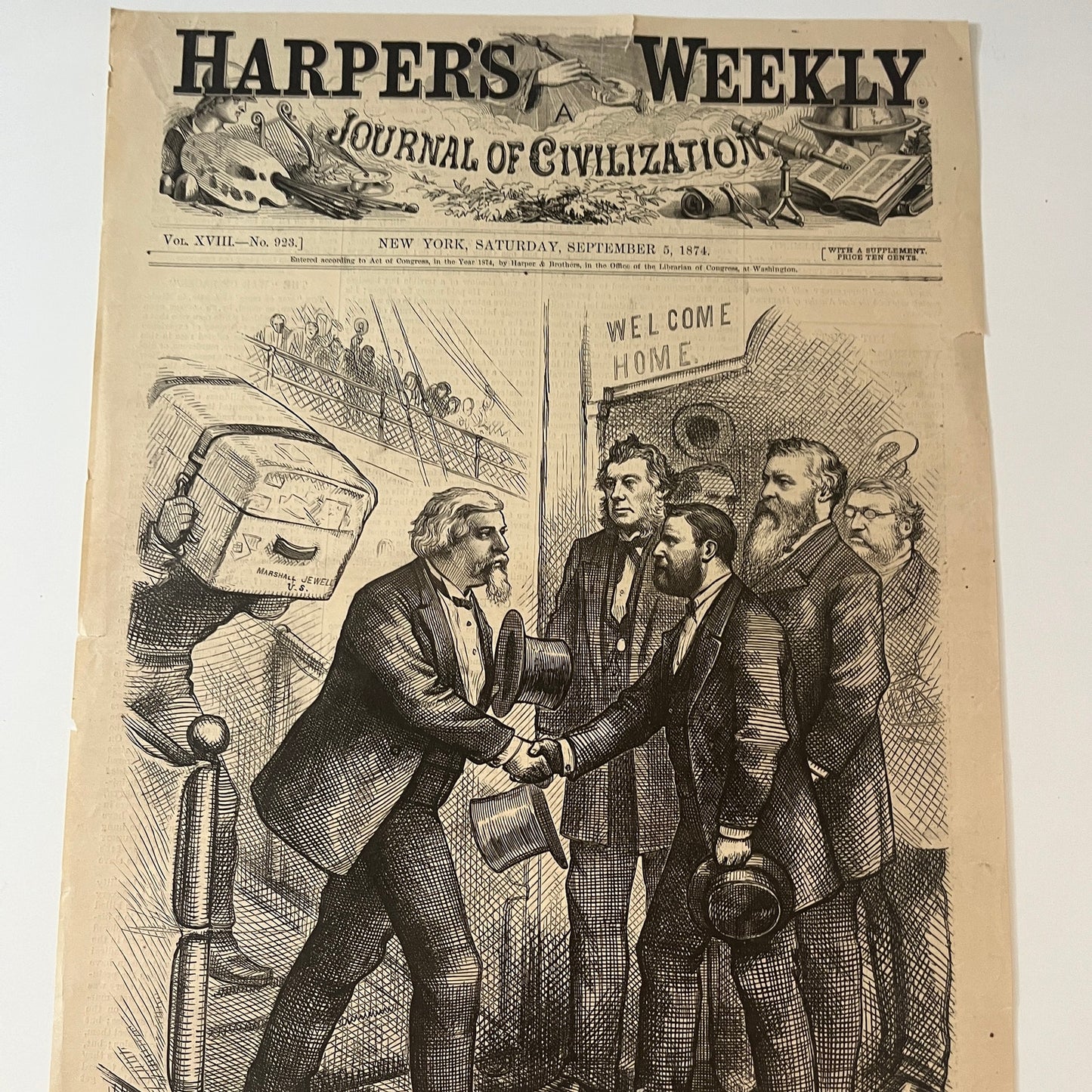 Harper's Weekly Marshall Jewell Return Home COVER ONLY 1874 Sept 5 V1-7